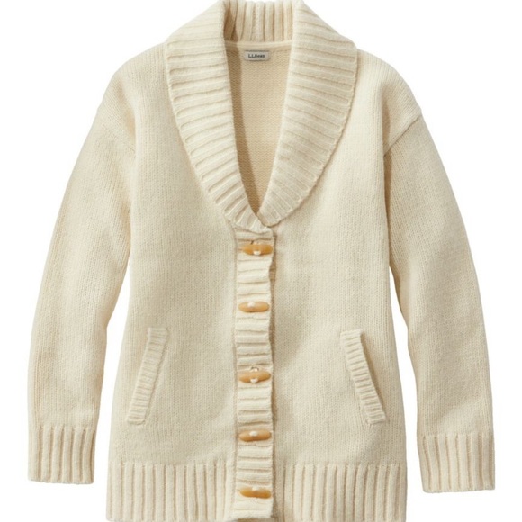 L.L.Bean Classic Ragg Lambswool Cardigan shawl collar toggle buttons cream sz XL - Picture 2 of 13